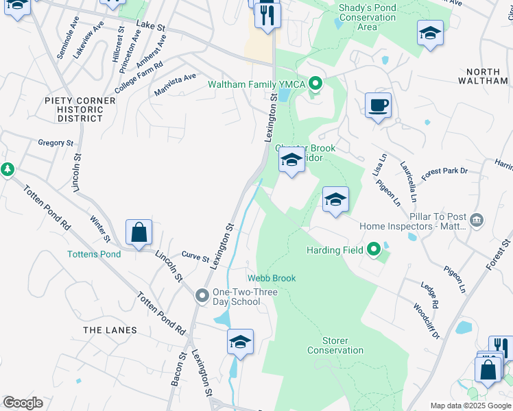 map of restaurants, bars, coffee shops, grocery stores, and more near 54 Chester Brook Road in Waltham