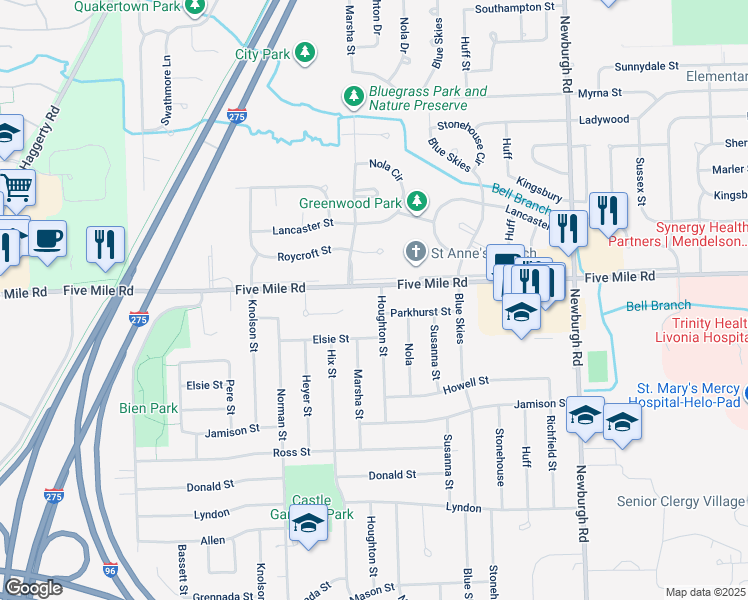 map of restaurants, bars, coffee shops, grocery stores, and more near 15283 Houghton Street in Livonia