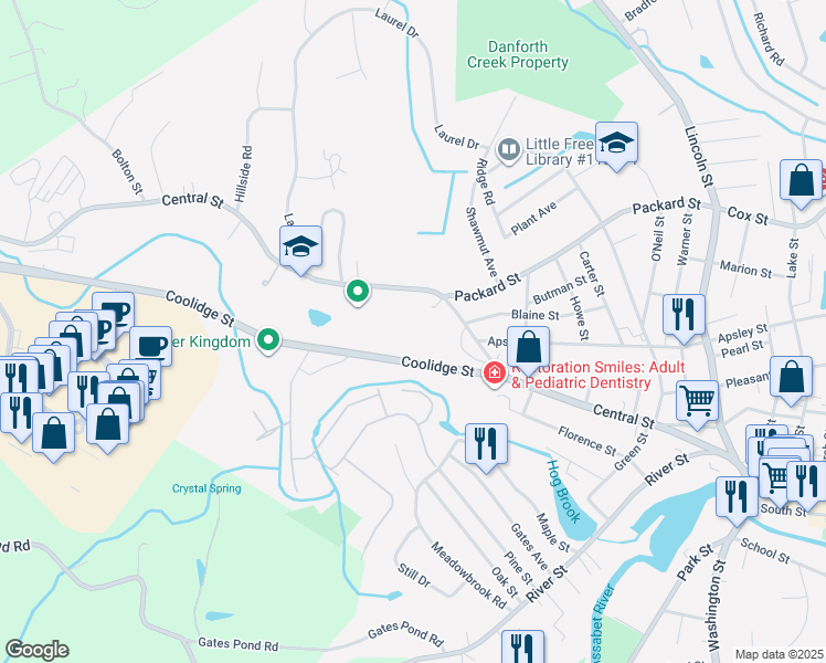 map of restaurants, bars, coffee shops, grocery stores, and more near 136 Central Street in Hudson