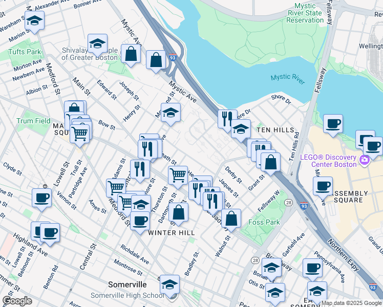 map of restaurants, bars, coffee shops, grocery stores, and more near 105 Jaques Street in Somerville