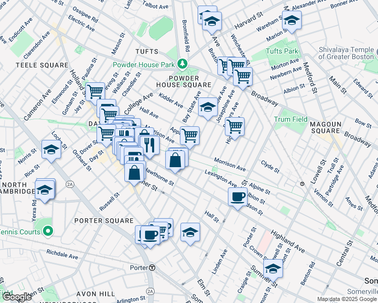 map of restaurants, bars, coffee shops, grocery stores, and more near 125 Morrison Avenue in Somerville