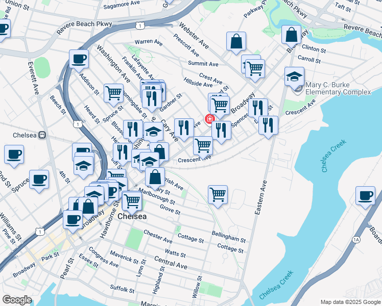 map of restaurants, bars, coffee shops, grocery stores, and more near 715a Broadway in Everett
