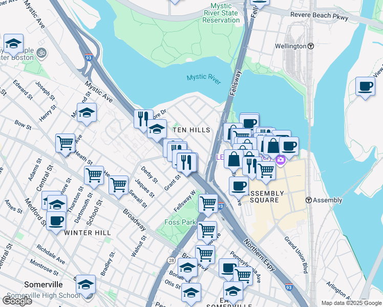 map of restaurants, bars, coffee shops, grocery stores, and more near 20 Puritan Road in Somerville