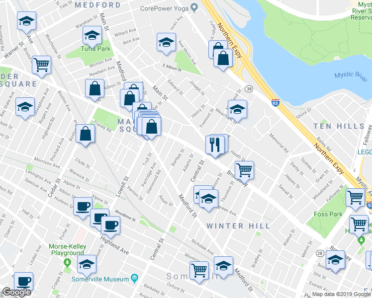 map of restaurants, bars, coffee shops, grocery stores, and more near 427A Broadway in Somerville