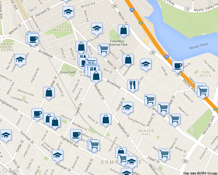 map of restaurants, bars, coffee shops, grocery stores, and more near 112 Glenwood Road in Somerville