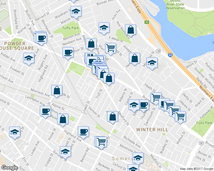 map of restaurants, bars, coffee shops, grocery stores, and more near 499 Medford Street in Somerville
