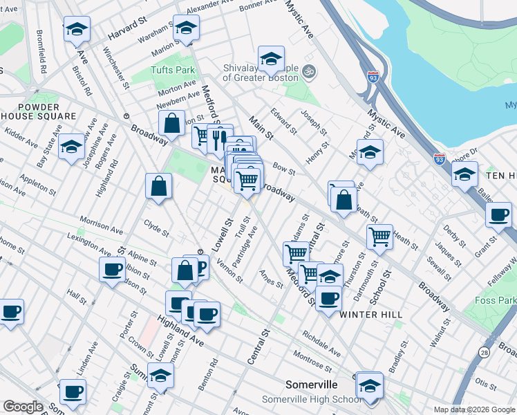 map of restaurants, bars, coffee shops, grocery stores, and more near 499 Medford Street in Somerville