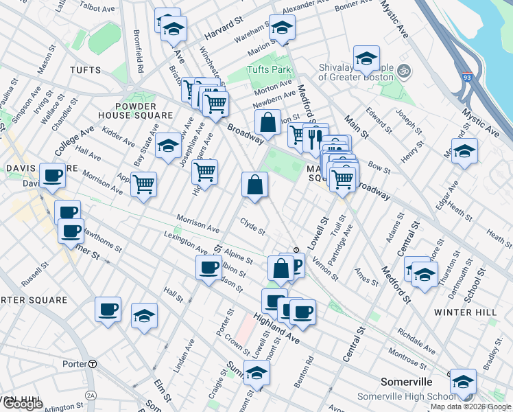 map of restaurants, bars, coffee shops, grocery stores, and more near 17 Murdock Street in Somerville
