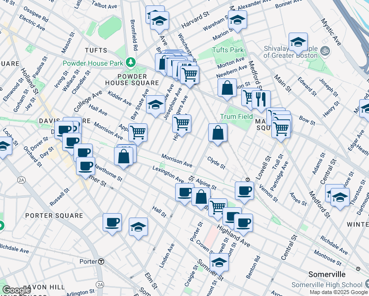map of restaurants, bars, coffee shops, grocery stores, and more near 40 Pearson Avenue in Somerville