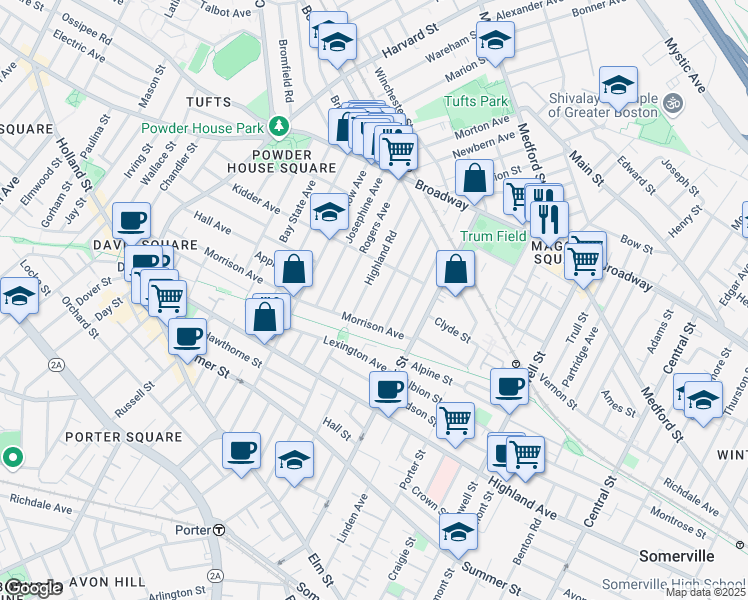 map of restaurants, bars, coffee shops, grocery stores, and more near 40 Pearson Avenue in Somerville