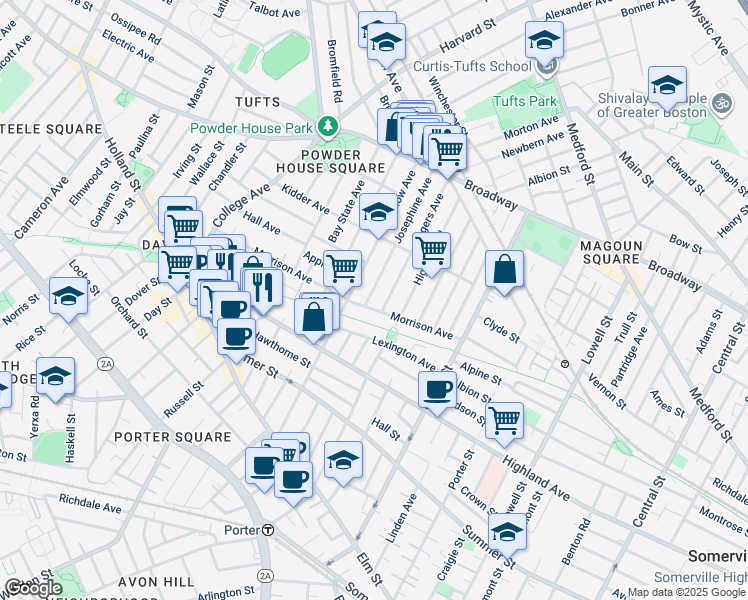 map of restaurants, bars, coffee shops, grocery stores, and more near in Somerville