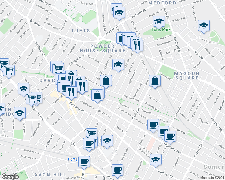 map of restaurants, bars, coffee shops, grocery stores, and more near in Somerville