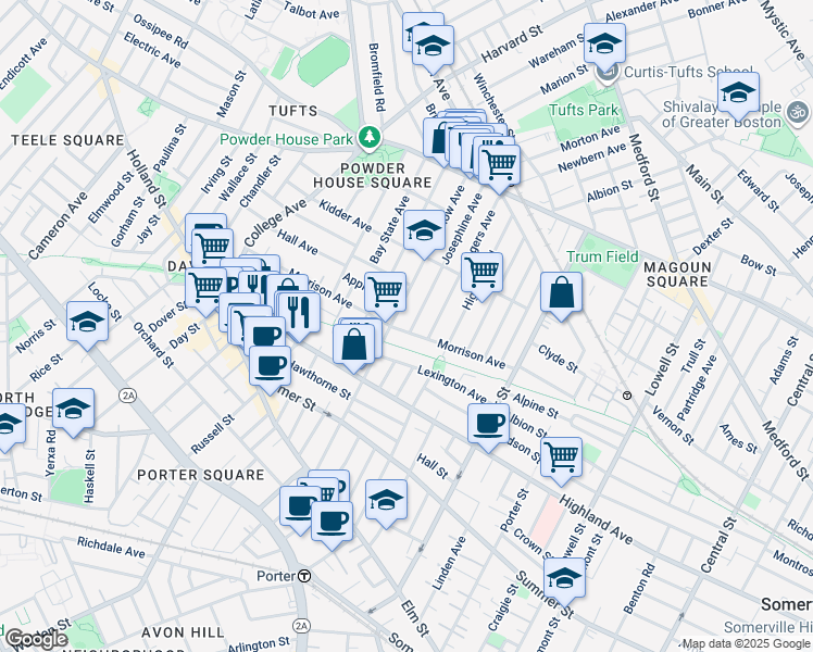 map of restaurants, bars, coffee shops, grocery stores, and more near in Somerville