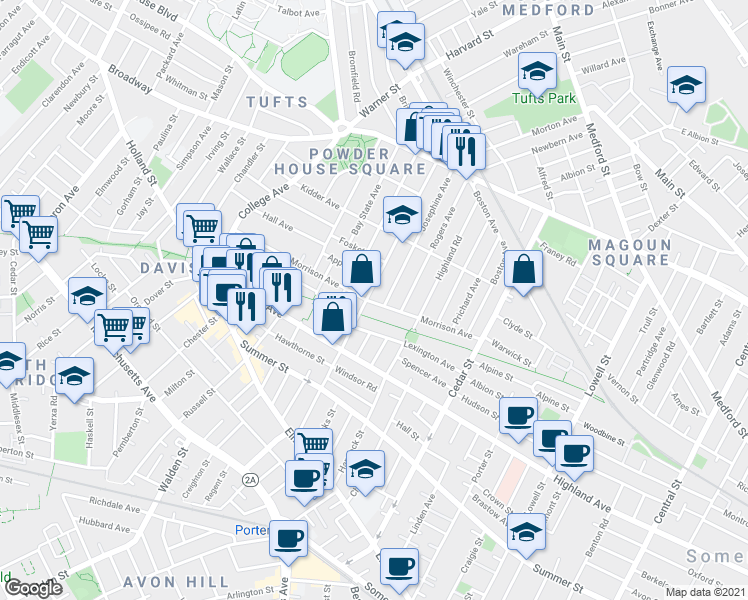 map of restaurants, bars, coffee shops, grocery stores, and more near 12 Josephine Avenue in Somerville