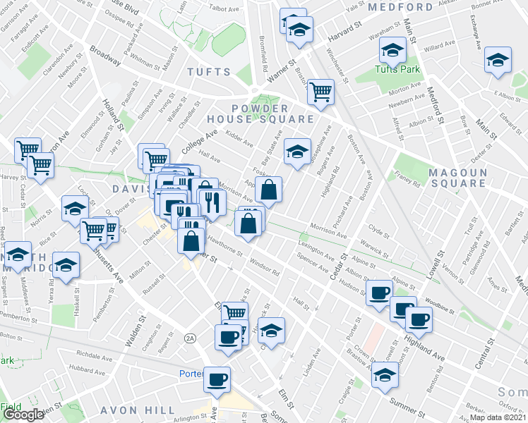 map of restaurants, bars, coffee shops, grocery stores, and more near 125 Morrison Avenue in Somerville