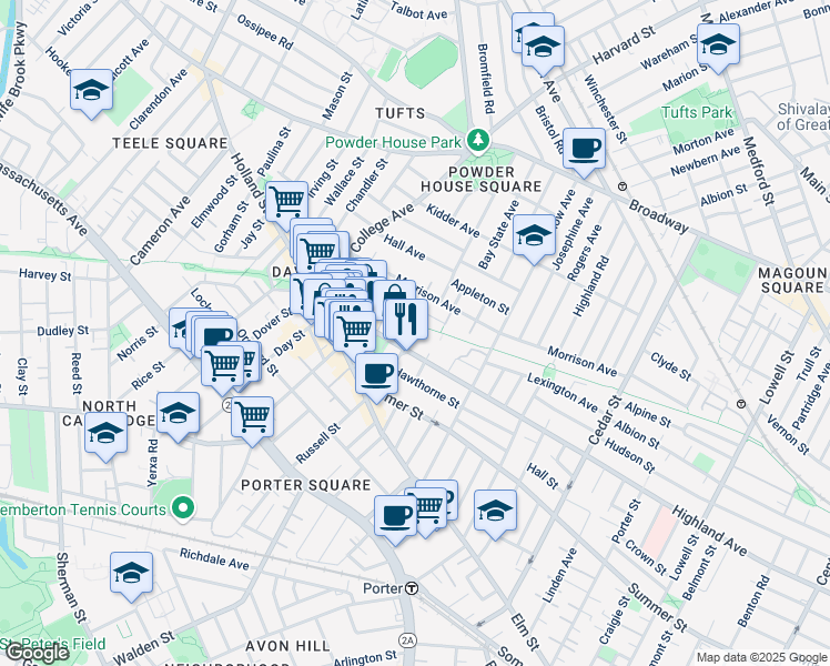 map of restaurants, bars, coffee shops, grocery stores, and more near 29 Ellington Road in Somerville