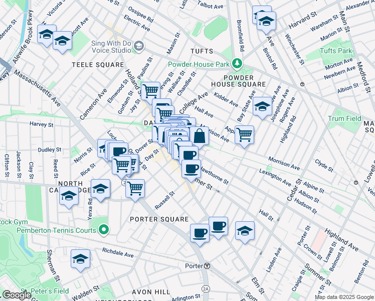 map of restaurants, bars, coffee shops, grocery stores, and more near 403 Highland Avenue in Somerville