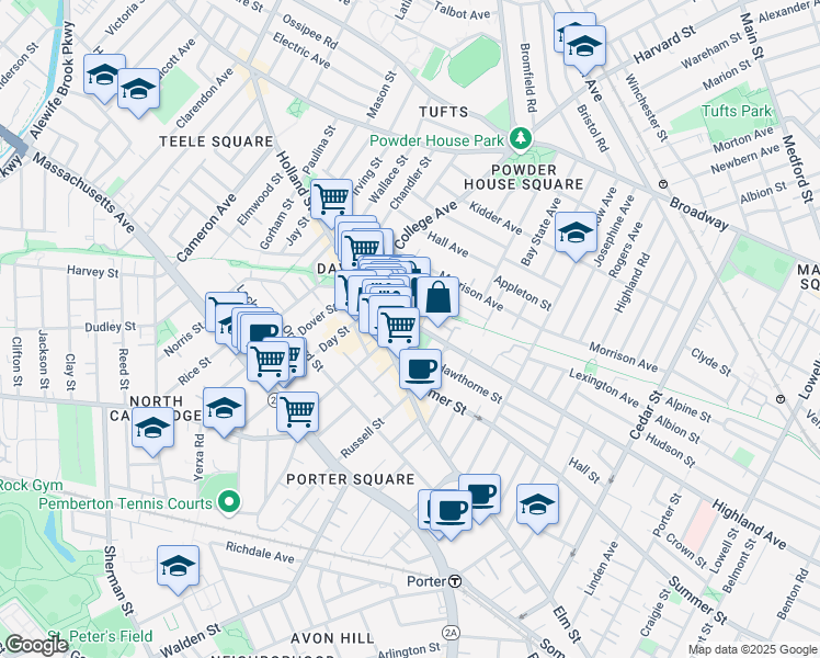 map of restaurants, bars, coffee shops, grocery stores, and more near 403 Highland Avenue in Somerville