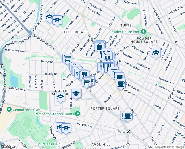 map of restaurants, bars, coffee shops, grocery stores, and more near 155 Orchard Street in Somerville