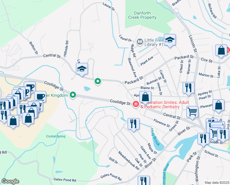 map of restaurants, bars, coffee shops, grocery stores, and more near 136 Central Street in Hudson