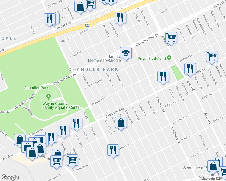 map of restaurants, bars, coffee shops, grocery stores, and more near 5237 Lakeview Street in Detroit