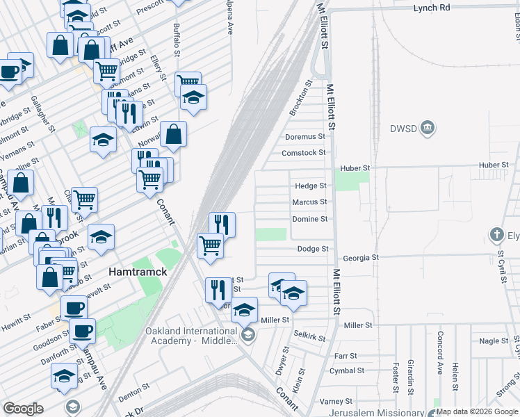 map of restaurants, bars, coffee shops, grocery stores, and more near 5939 Marcus Street in Detroit