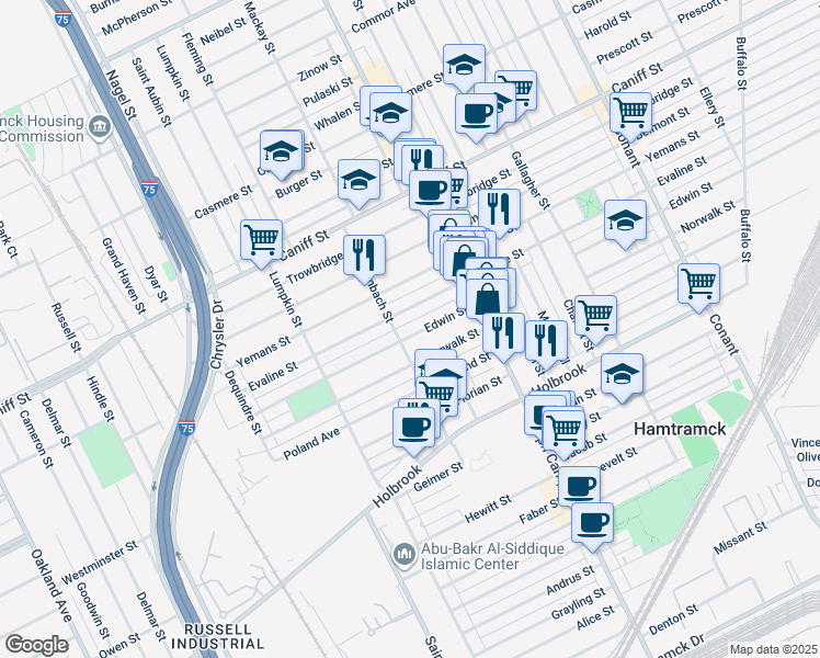 map of restaurants, bars, coffee shops, grocery stores, and more near 2669 Edwin Street in Hamtramck