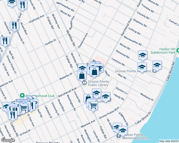 map of restaurants, bars, coffee shops, grocery stores, and more near 176 McKinley Avenue in Grosse Pointe Farms