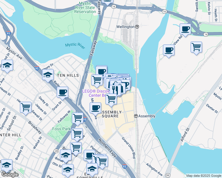 map of restaurants, bars, coffee shops, grocery stores, and more near 331 Great River Road in Somerville