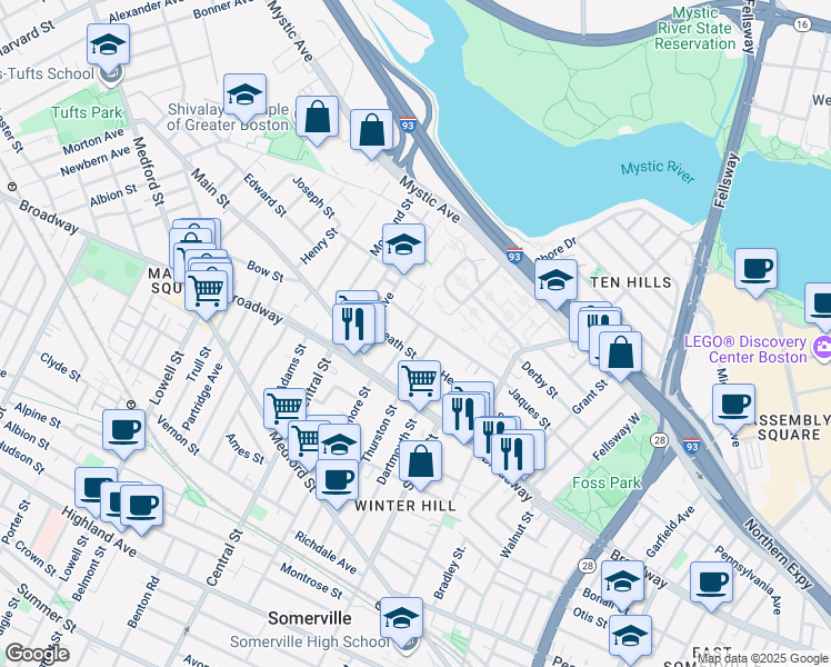 map of restaurants, bars, coffee shops, grocery stores, and more near 37 Bond Street in Somerville