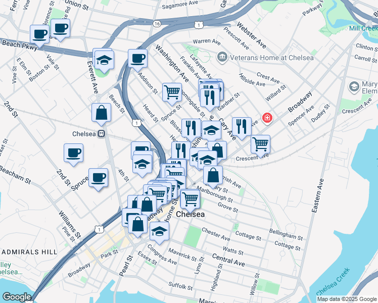 map of restaurants, bars, coffee shops, grocery stores, and more near 93 Washington Avenue in Chelsea