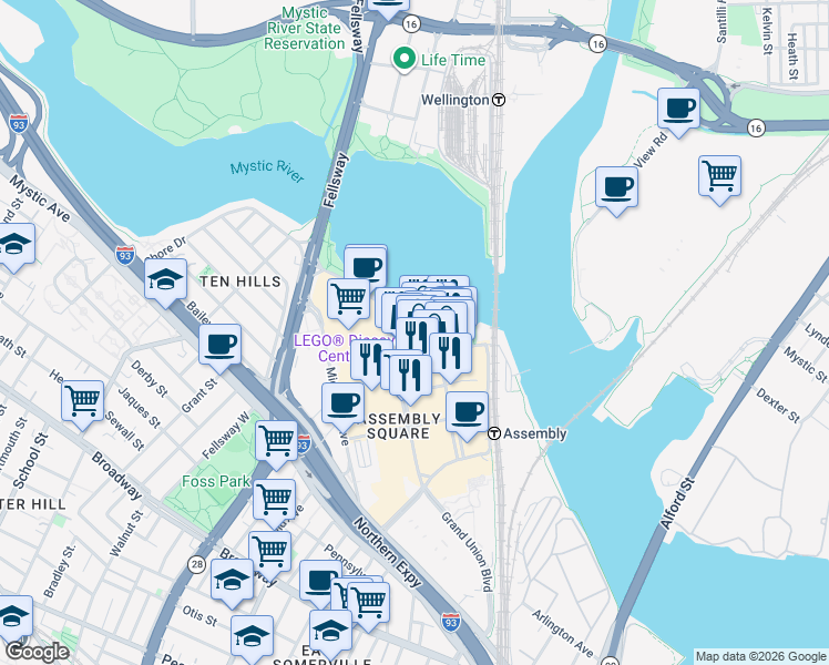 map of restaurants, bars, coffee shops, grocery stores, and more near 333 Great River Road in Somerville