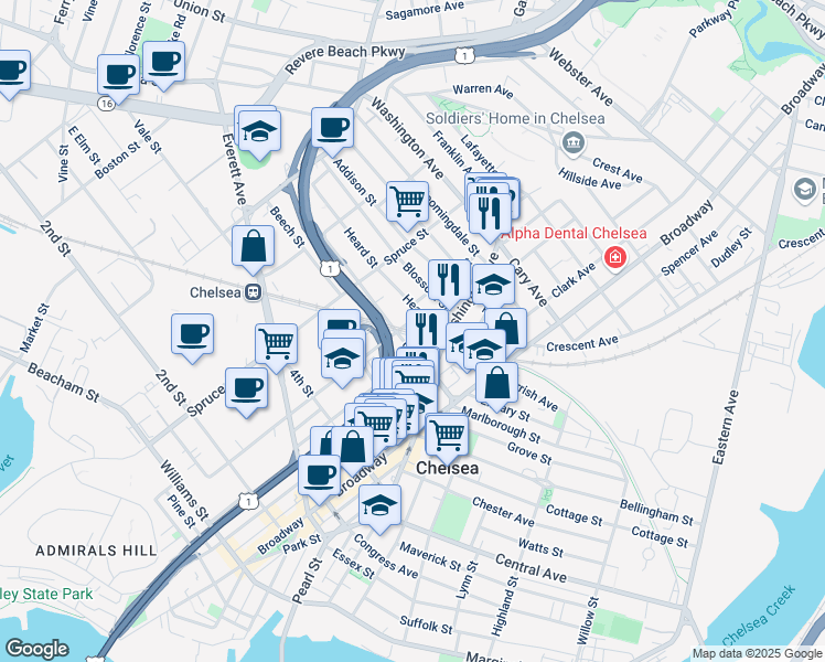 map of restaurants, bars, coffee shops, grocery stores, and more near 14 Heard Street in Chelsea
