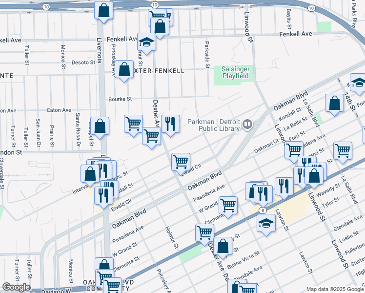 map of restaurants, bars, coffee shops, grocery stores, and more near 3309 Doris Street in Detroit