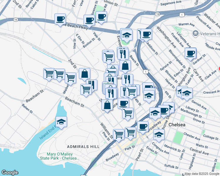 map of restaurants, bars, coffee shops, grocery stores, and more near 162 Everett Avenue in Chelsea
