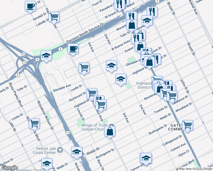 map of restaurants, bars, coffee shops, grocery stores, and more near 200 Highland Street in Highland Park