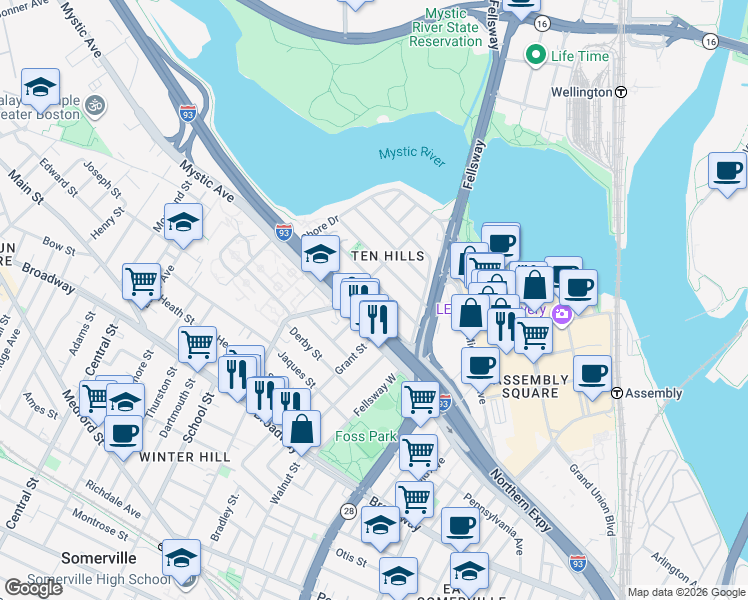 map of restaurants, bars, coffee shops, grocery stores, and more near 67 Bailey Road in Somerville