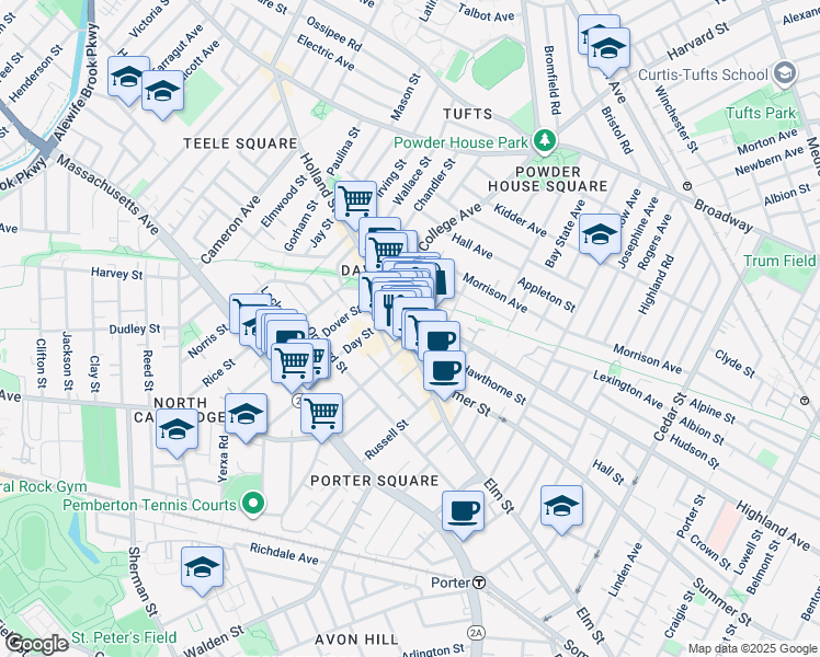 map of restaurants, bars, coffee shops, grocery stores, and more near in Somerville