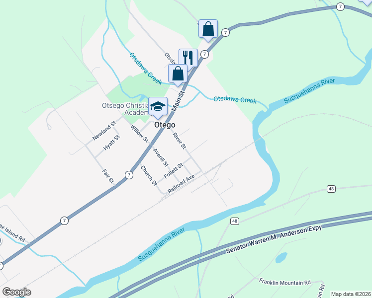 map of restaurants, bars, coffee shops, grocery stores, and more near 29 River Street in Otego