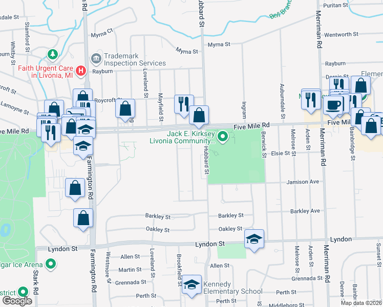 map of restaurants, bars, coffee shops, grocery stores, and more near 32643 Five Mile Road in Livonia