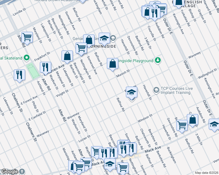map of restaurants, bars, coffee shops, grocery stores, and more near 4380 Balfour Road in Detroit