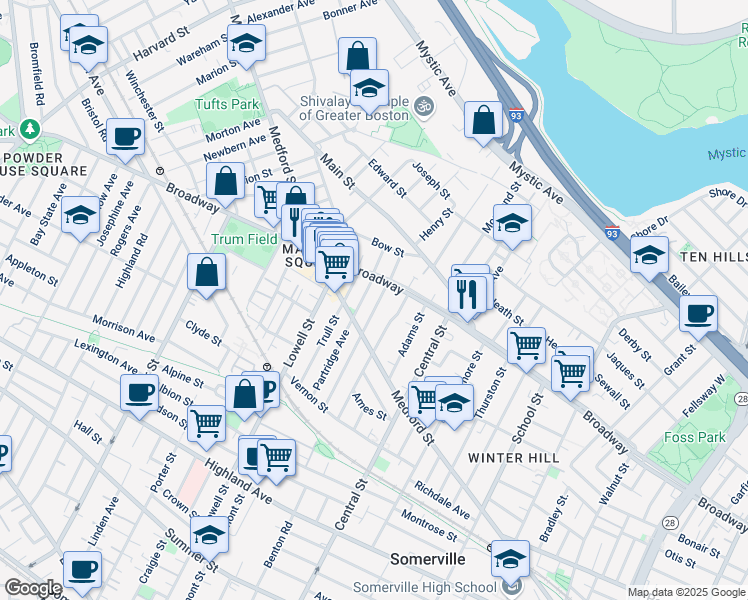 map of restaurants, bars, coffee shops, grocery stores, and more near 104 Glenwood Road in Somerville