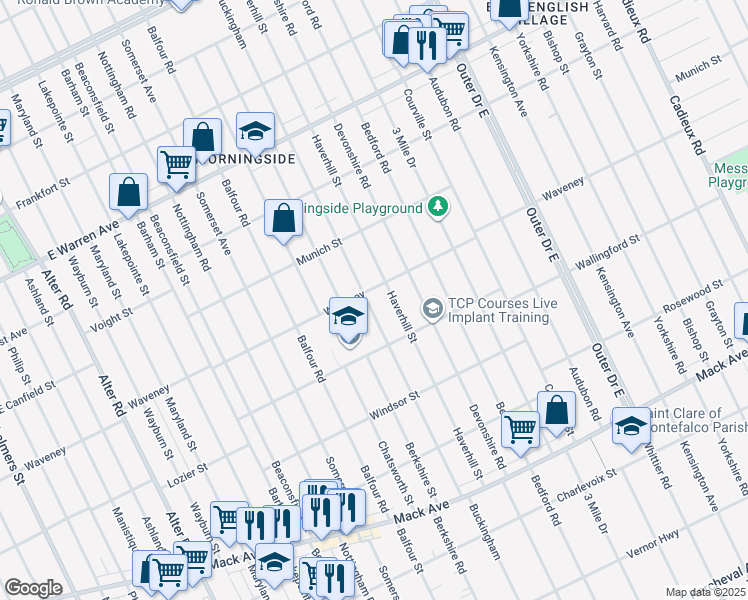 map of restaurants, bars, coffee shops, grocery stores, and more near 4197 Haverhill Street in Detroit