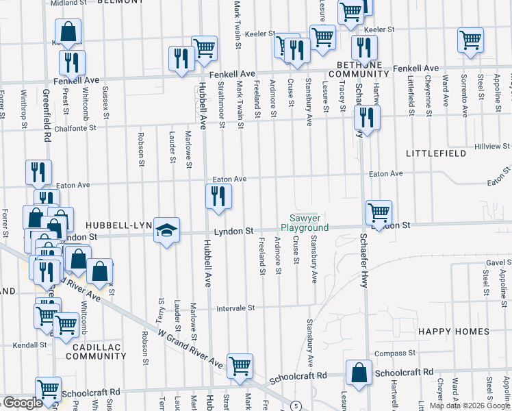 map of restaurants, bars, coffee shops, grocery stores, and more near 14591 Freeland Street in Detroit
