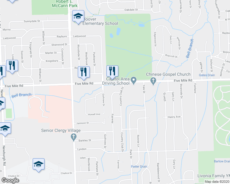 map of restaurants, bars, coffee shops, grocery stores, and more near 15044 Fairway in Livonia