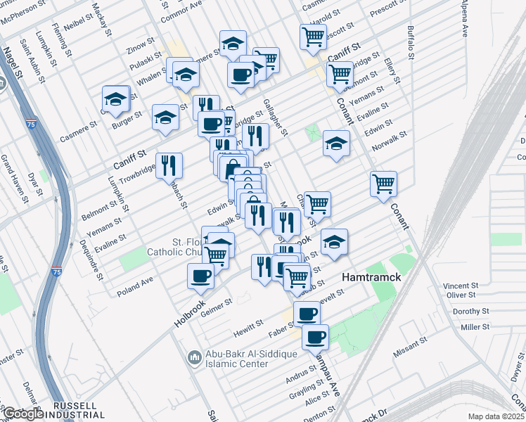 map of restaurants, bars, coffee shops, grocery stores, and more near 9459 Mitchell Street in Hamtramck