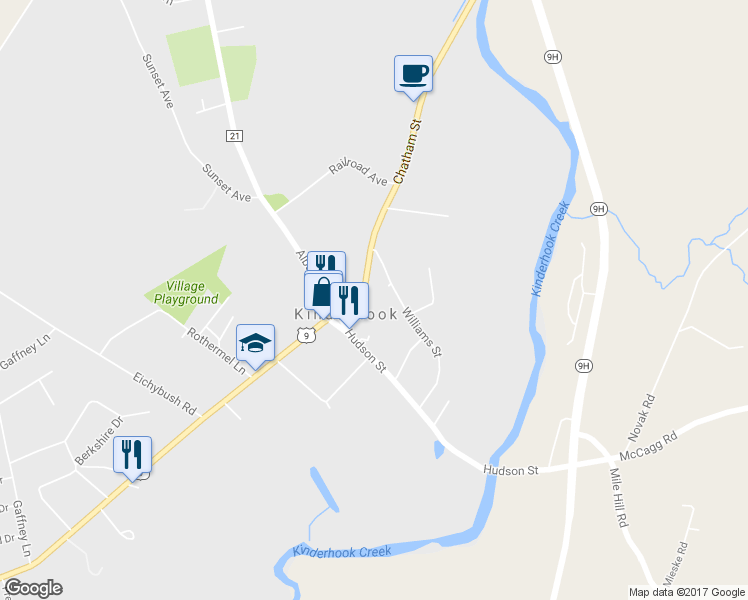 map of restaurants, bars, coffee shops, grocery stores, and more near 10 Chatham Street in Kinderhook