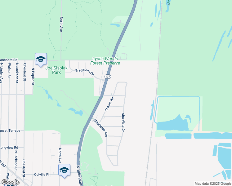 map of restaurants, bars, coffee shops, grocery stores, and more near 2415 Corona Road in Waukegan
