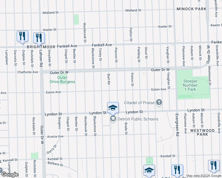 map of restaurants, bars, coffee shops, grocery stores, and more near 14819 Burt Road in Detroit