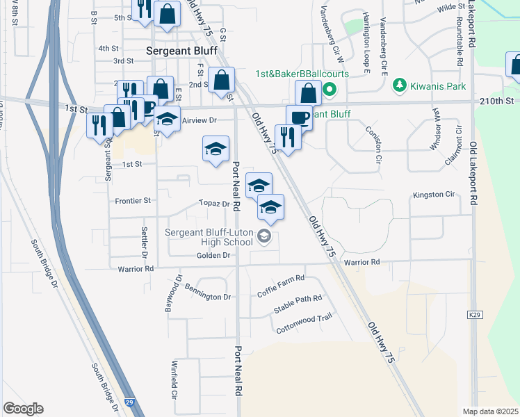 map of restaurants, bars, coffee shops, grocery stores, and more near 208 Port Neal Road in Sergeant Bluff